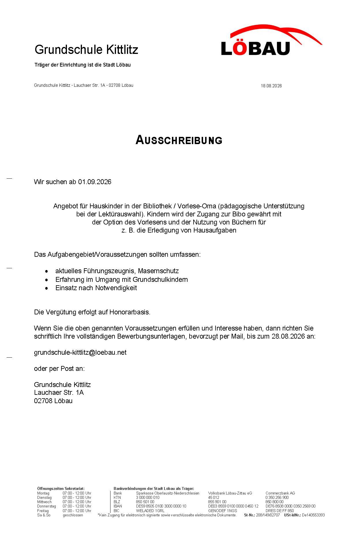Ausschreibung - Vorlese-Oma (p&auml;dagogische Unterst&uuml;tzung bei der Lekt&uuml;rauswahl)